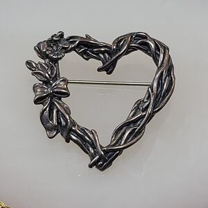 Vintage Hand and Hammer Sterling Silver Heart Brooch Pin Oxidized Vining H&H